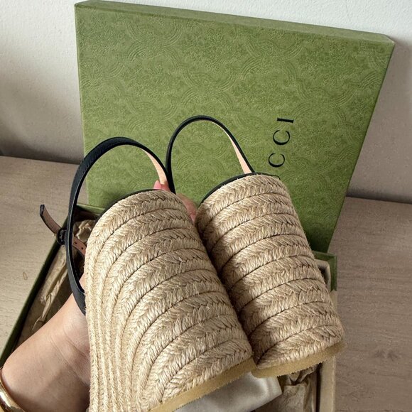 NWT Gucci 85mm GG Platform Espadrilles Sandal Beige Jute Wedge Black Leather - Picture 10 of 12